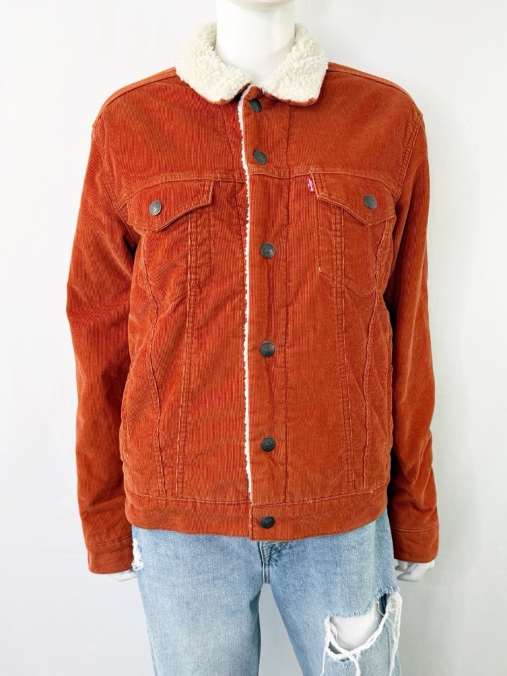 Levi’s Burnt Orange Corduroy Sherpa Lined Trucker Jacket Size S Red Tab Y2K